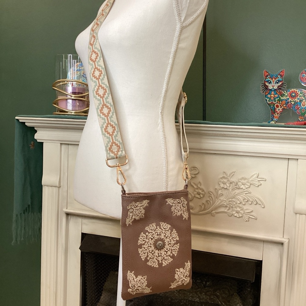 American Bling Tan and Brown Boho Crossbody Bag Western Style Faux Leather